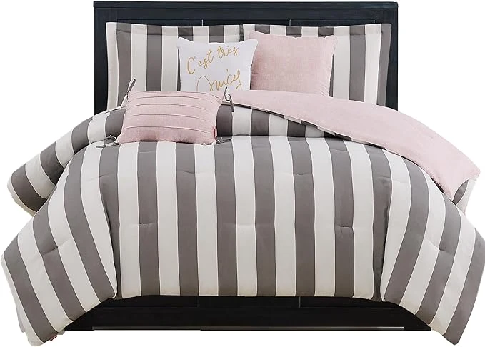 Breathable Juicy Couture JYZ012630 Cabana Stripe 6-Piece Reversible Set Queen Grey White Luxury