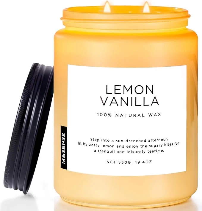 Contemporary M SENSE Lemon Vanilla Scented Candles 19.4oz Organic Soy Wax 110 Hours Long Durable