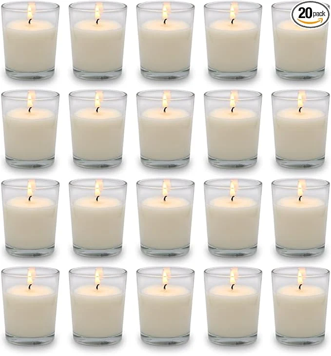 Consistent Set of 20 White Votive Candles Clear Glass Filled Unscented Soy Wax Candle Fast