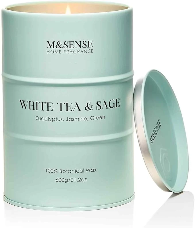 Specialty M SENSE White Tea Sage Scented Candles Large Natural Soy Candles 21.2oz 120 Secure