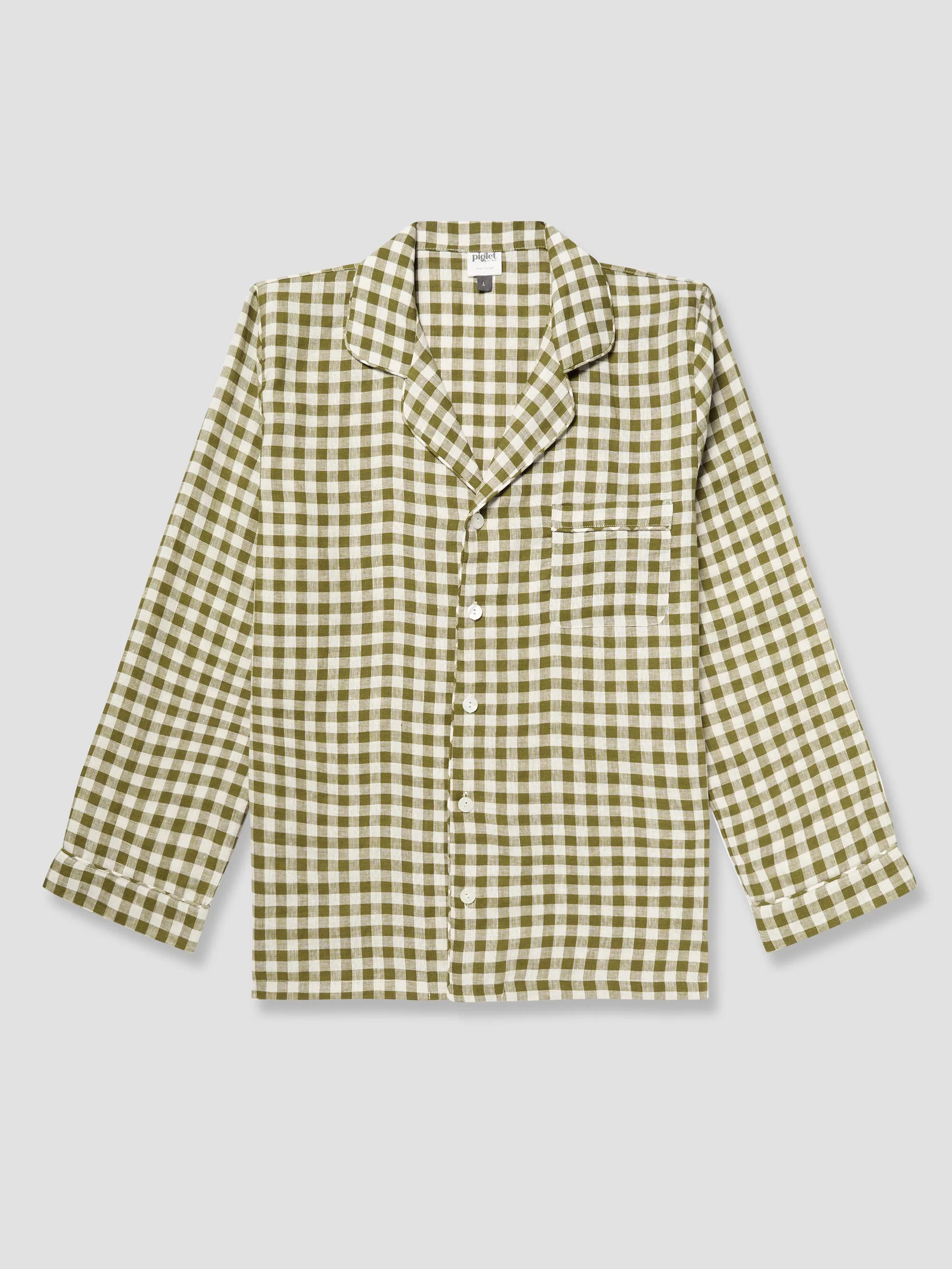 Versatile Men's Botanical Green Gingham Linen Pyjama Shirt Solid