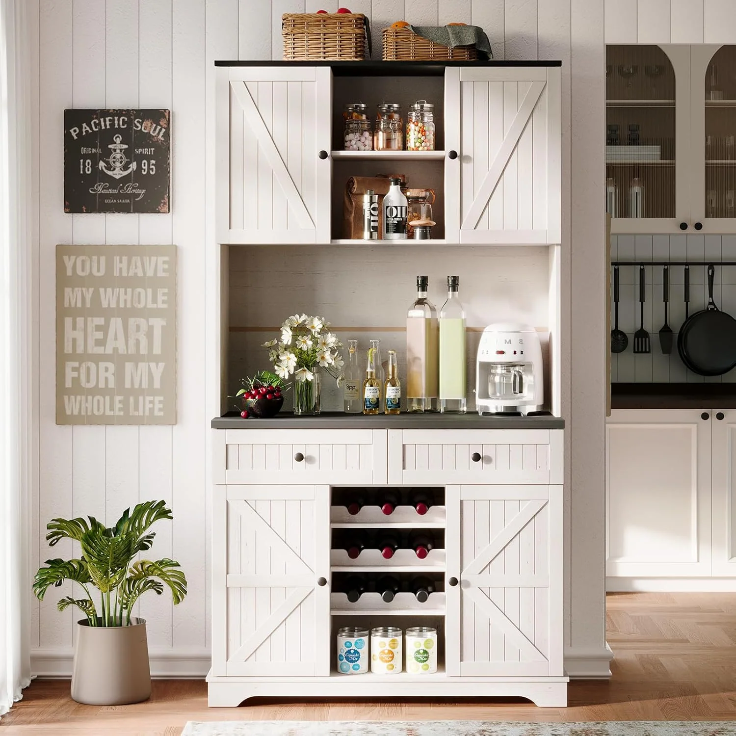 Smooth Kitchen Cabinet with Drawers Wine Rack with Adjustable Shelves 71 inches.Kitchen Cabinet with Drawers Wine Rack with Adjustable Shelves 71 inches. Consistent
