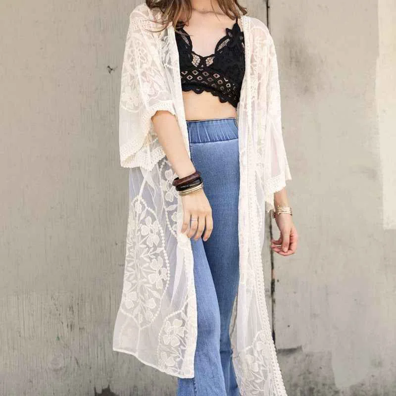 Convenient Mesh Embroidered Kimono Premium Material