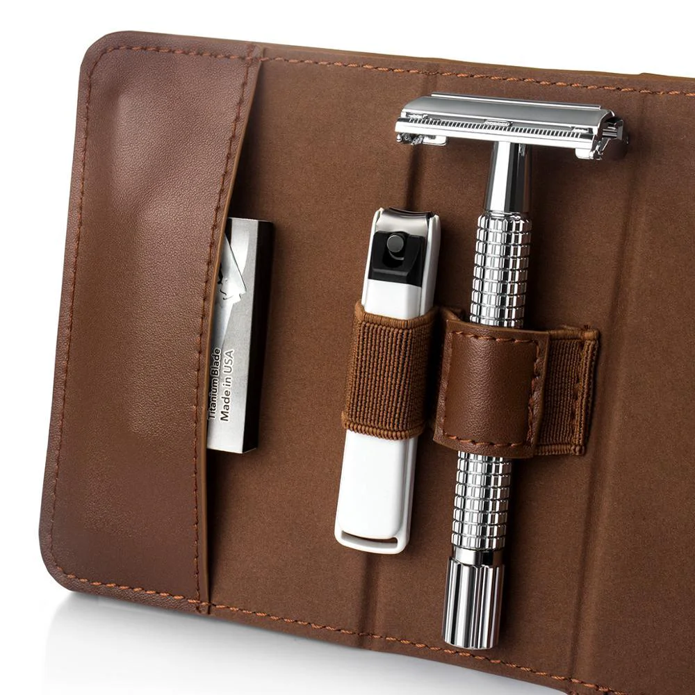 Convenient Maquinilla de afeitar de viaje con estuche de cuero vintage Pure