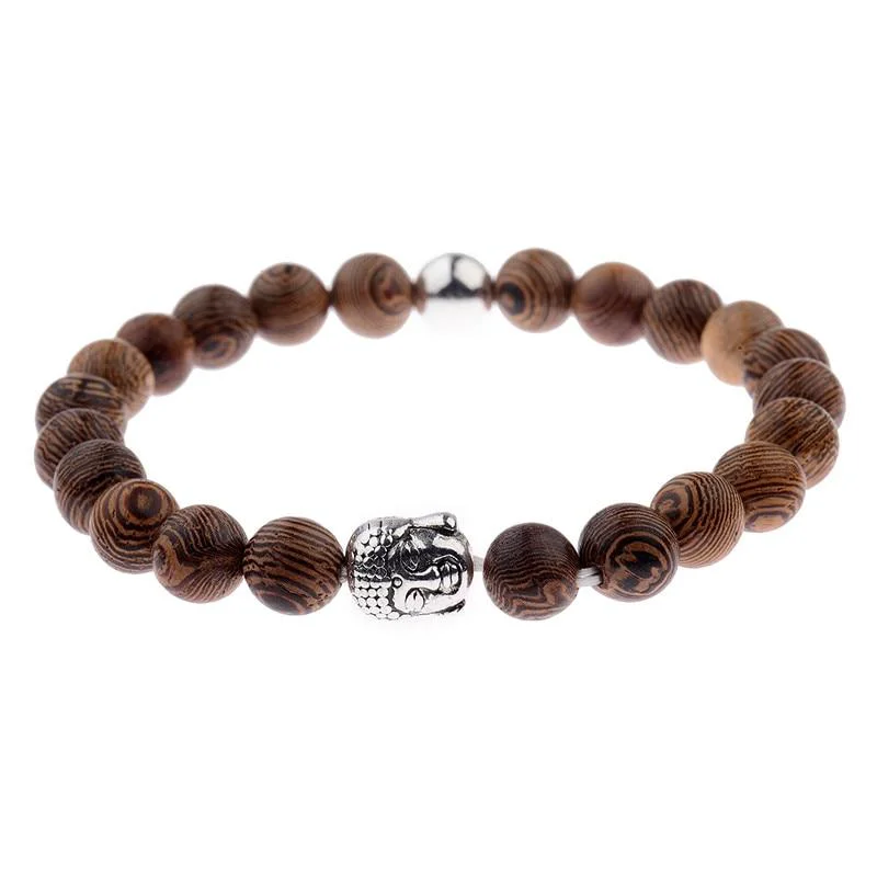 Contemporary Buda Pulsera de cuentas tibetanas de madera natural Functional