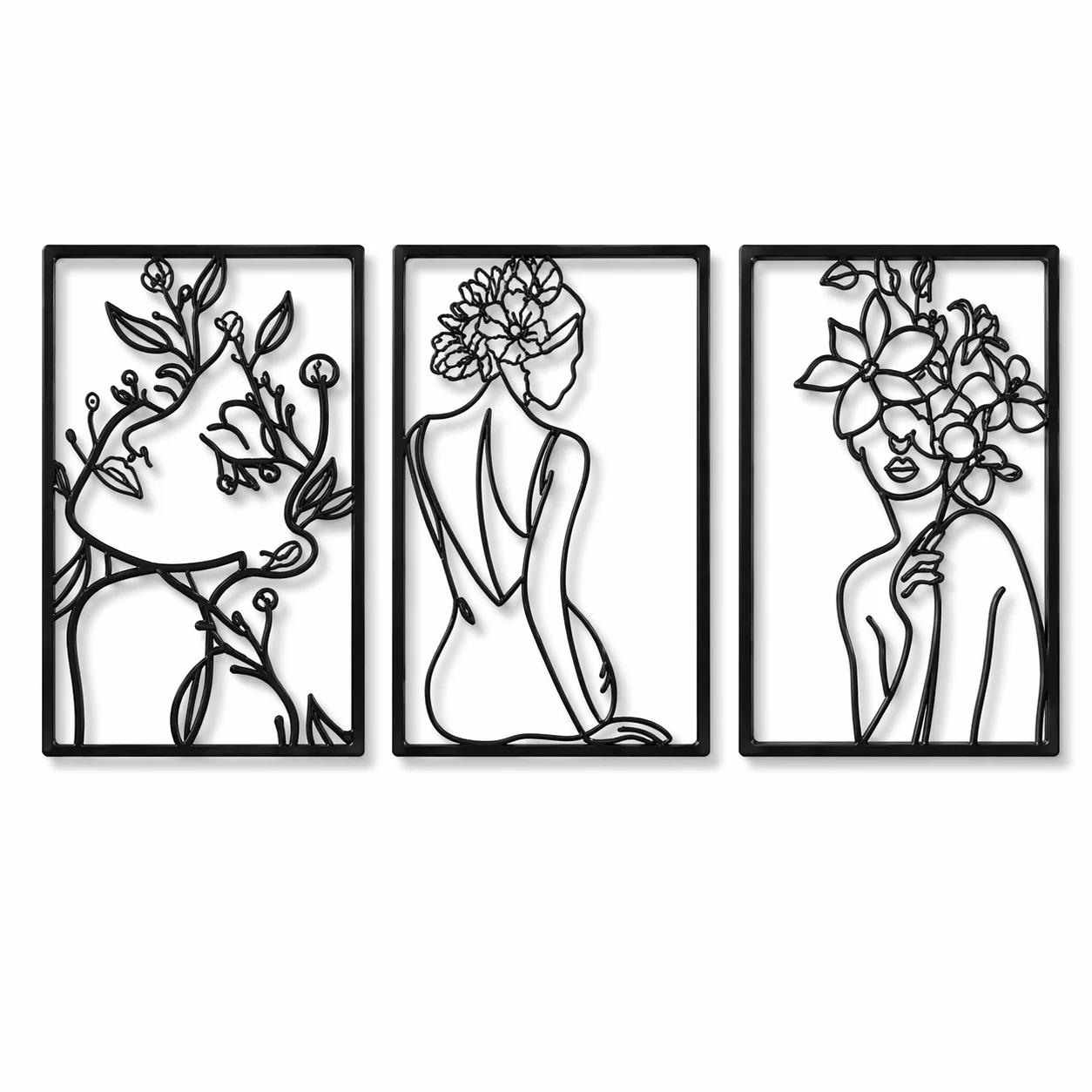 Powerful Botanical Muse Trio-Black Framed Line Art Metal Wall Decor Set of 3 Quality