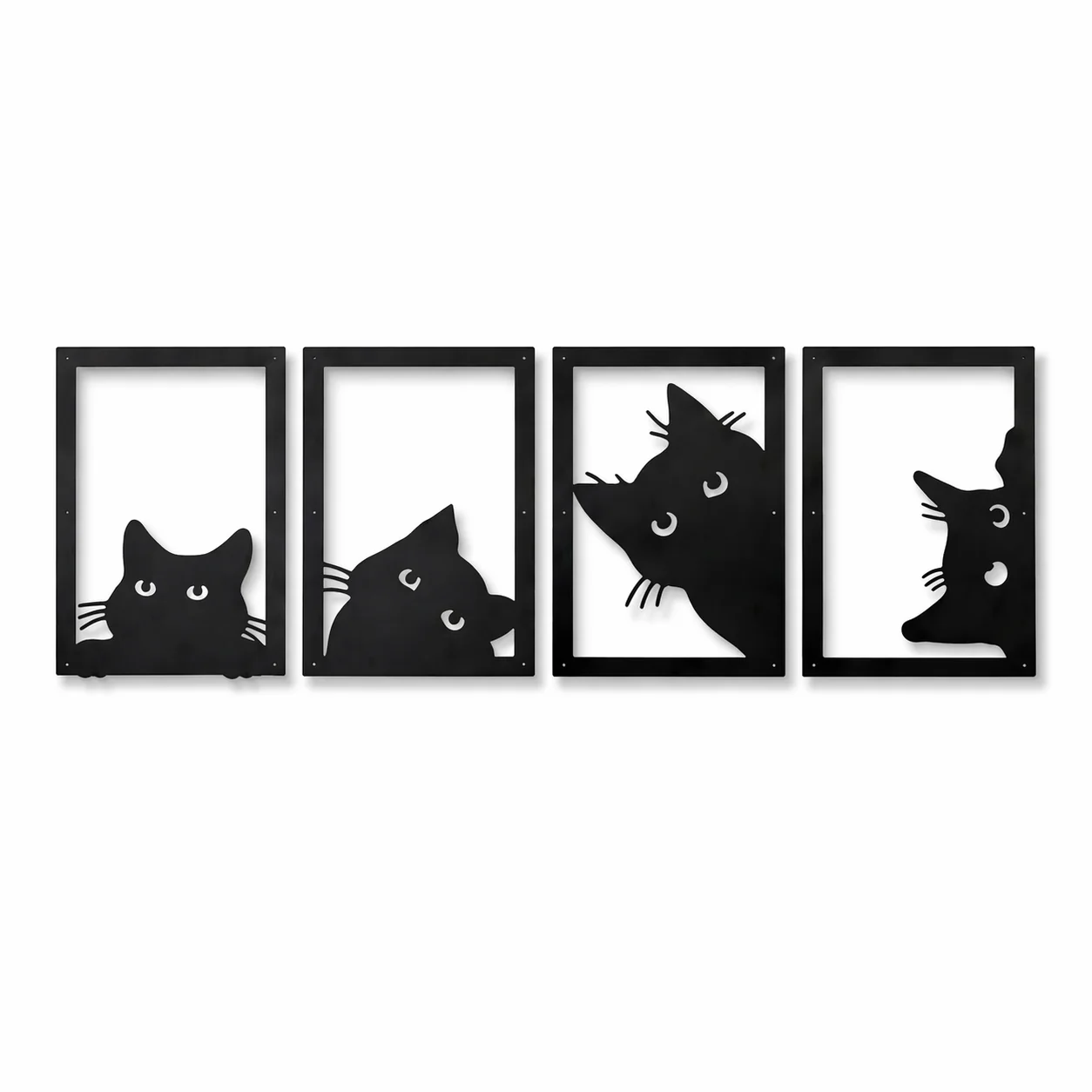Natural Whisker Portrait Quartet-Black Framed Cat Metal Wall Art Set of 4 Breathable