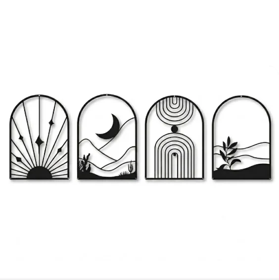 Exceptional Sunburst Arches Quartet-Black Framed Abstract Metal Wall Art Set of 4 Breathable