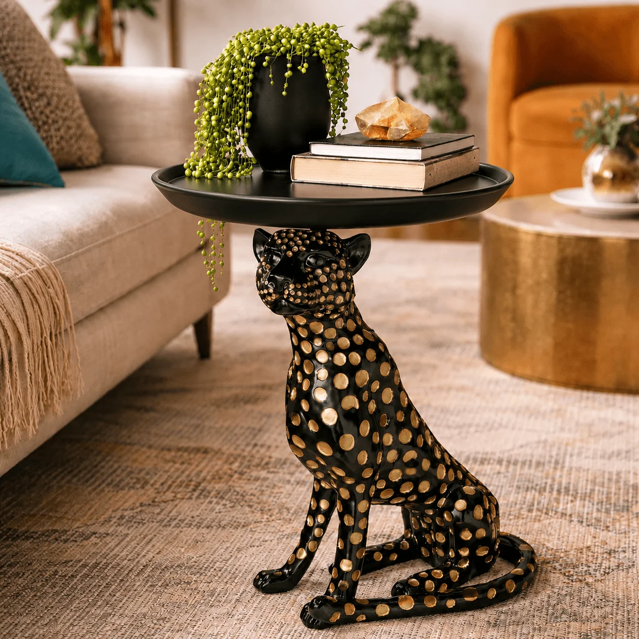 Safe Atelier Leopard Tray Side Table-Sculptural Accent with Matte Black Round Tray Excellent