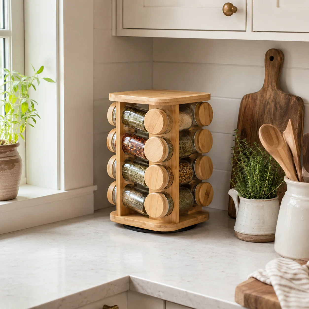 Pure Bennett 12-Jar Bamboo Spice Rack Carousel with Glass Jars Responsible