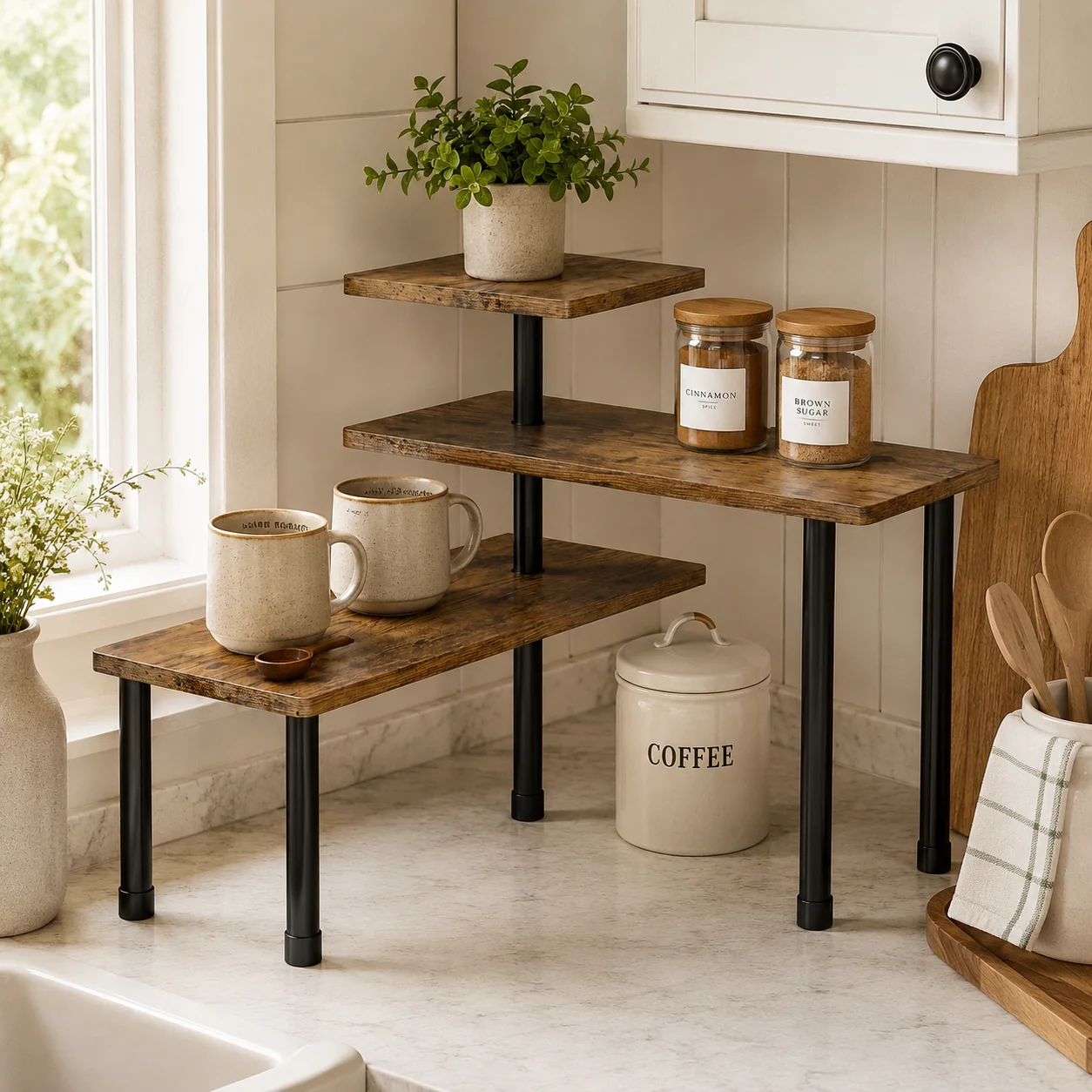 Sophisticated Rustic 3-Tier Countertop Riser Shelf for Kitchen Counter Organization Next-Generation