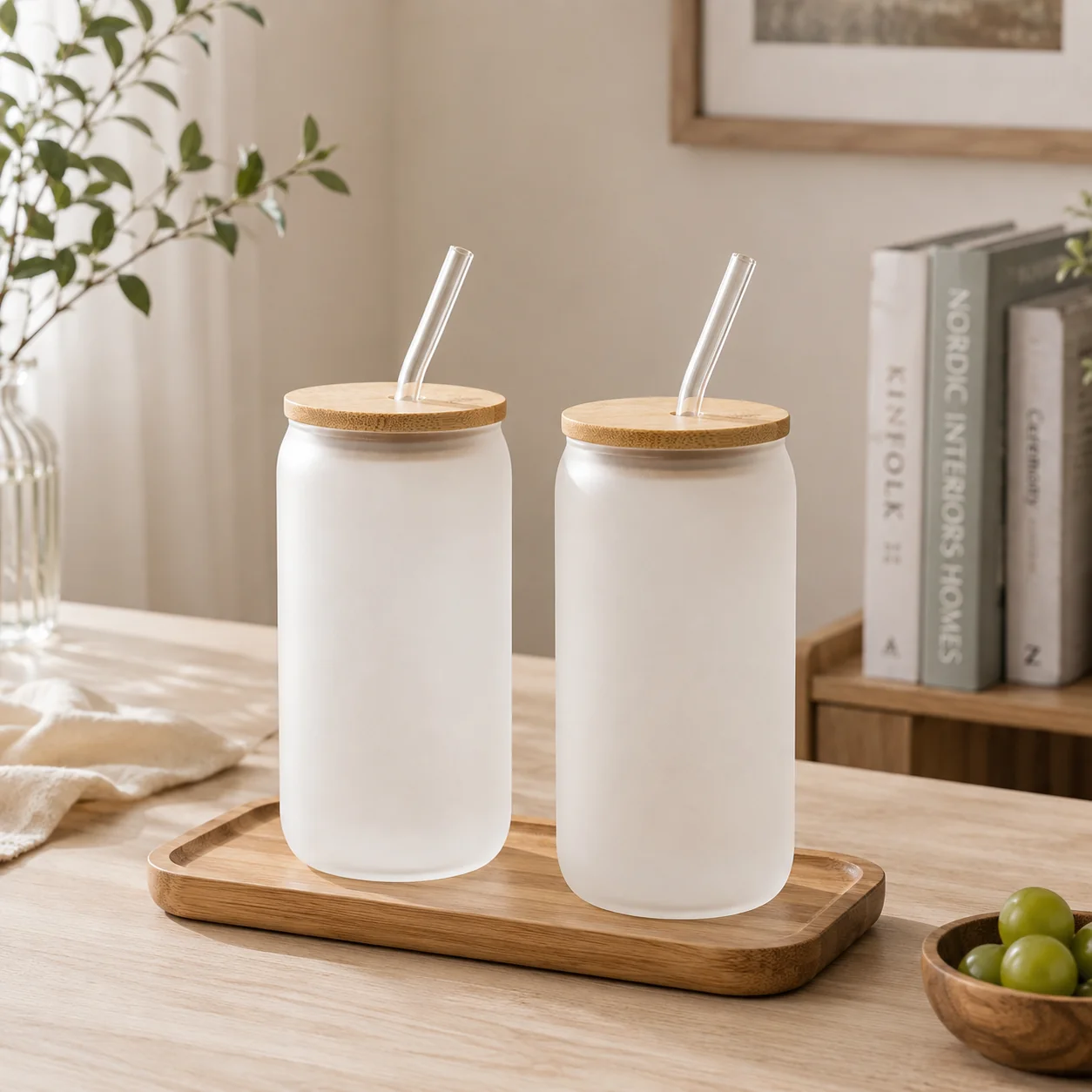 Consistent Frosted Glass Cup Set of 2-16oz with Bamboo Lids Glass Straws Selected