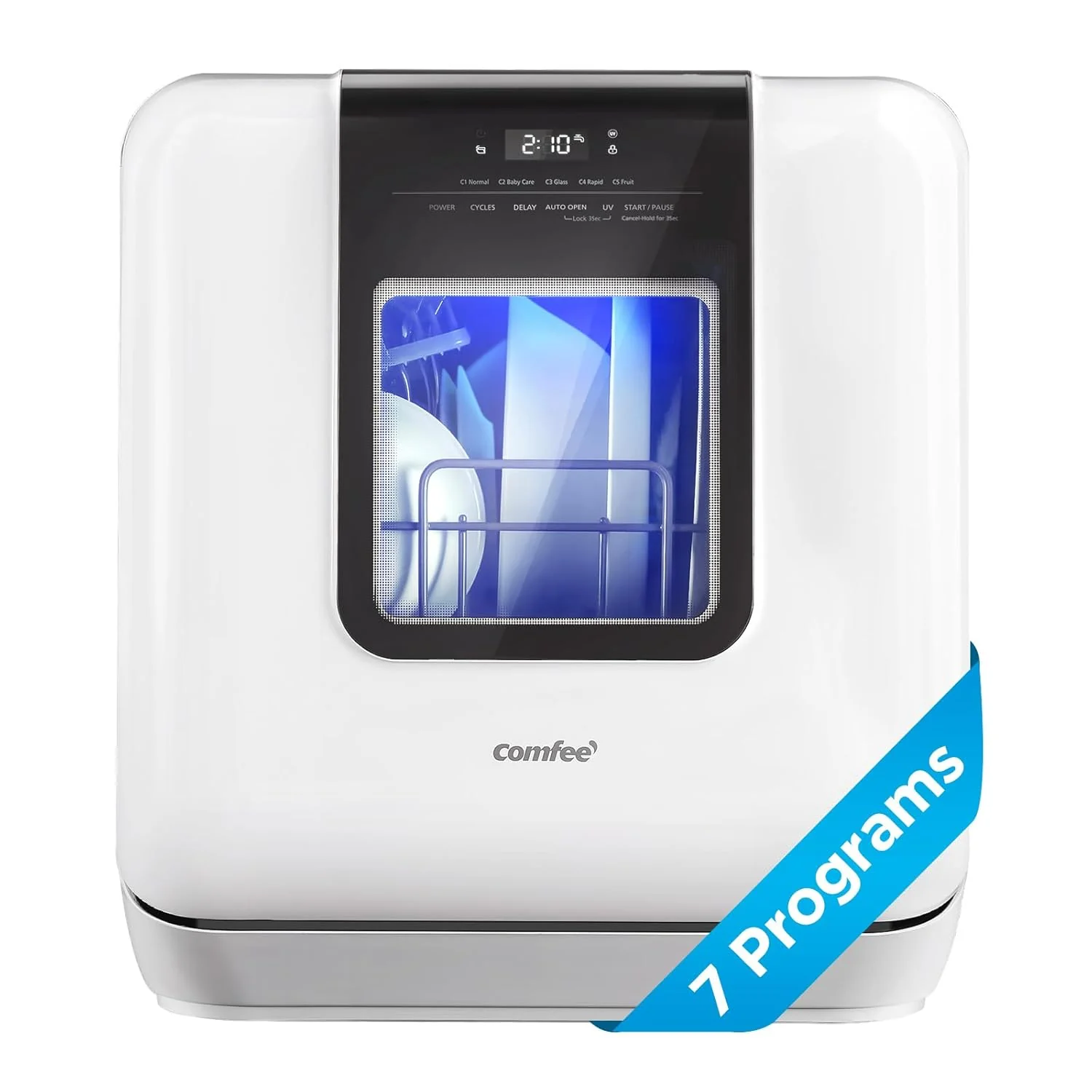Reliable COMFEE' Countertop Dishwasher – 6L Built-in Water Tank 7 Programs UV Hygiene Auto Door Open for Apartments Dorms R White Safe