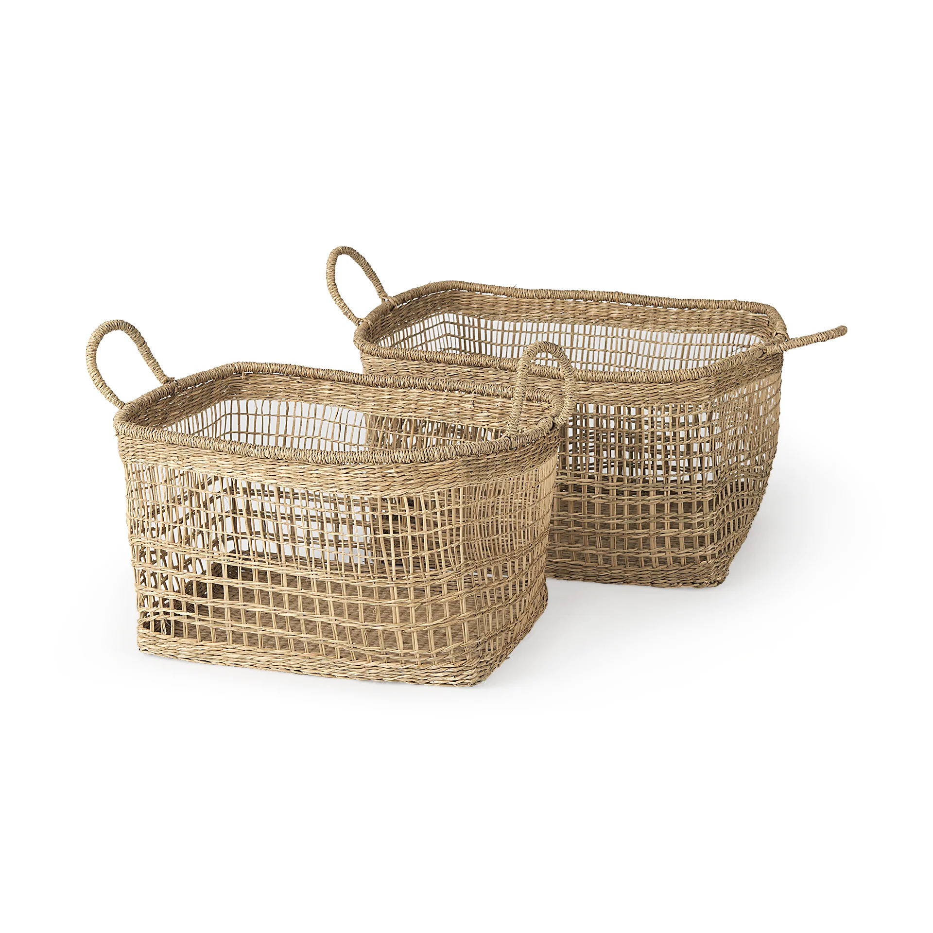 Original Bellisa 18.5L x 14.6W x 11.0H Set of 2 Medium Brown Seagrass Rectangular Basket W Handles Top-Quality