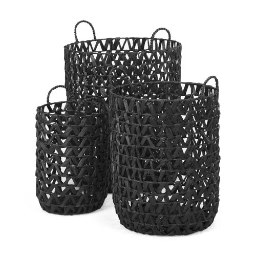 Easy-to-Use Lola 19.7L x 19.7W x 23.6 Set of 3 Black Water Hyacinth Zig Zag Weave Round Basket W Handles Sustainable