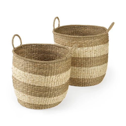 Specialty Bradley 18.1L x 18.1W x 16.0H Set of 2 Light Brown W Striped Seagrass Basket W Handles Premium Material