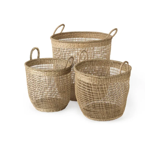Relaxed Bowie 19.7L x 19.7W x 19.7H Set of 3 Medium Brown Seagrass Round Basket W Handles Contemporary