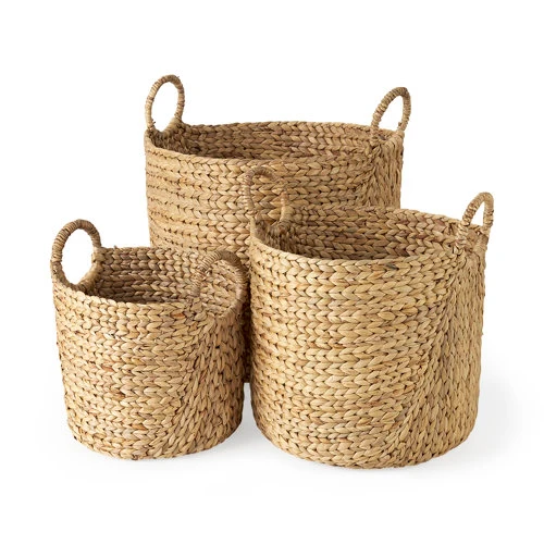Flexible Sivan 19.7L x 19.7W x 23.6H Set of 3 Light Brown Water Hyacinth Round Basket W Handles Fashionable