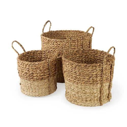 Pure Morocco 15.7L x 15.7 Set of 3 Brown Two Tone Water Hyacinth and Cornhusk Round Basket W Handles Reliable