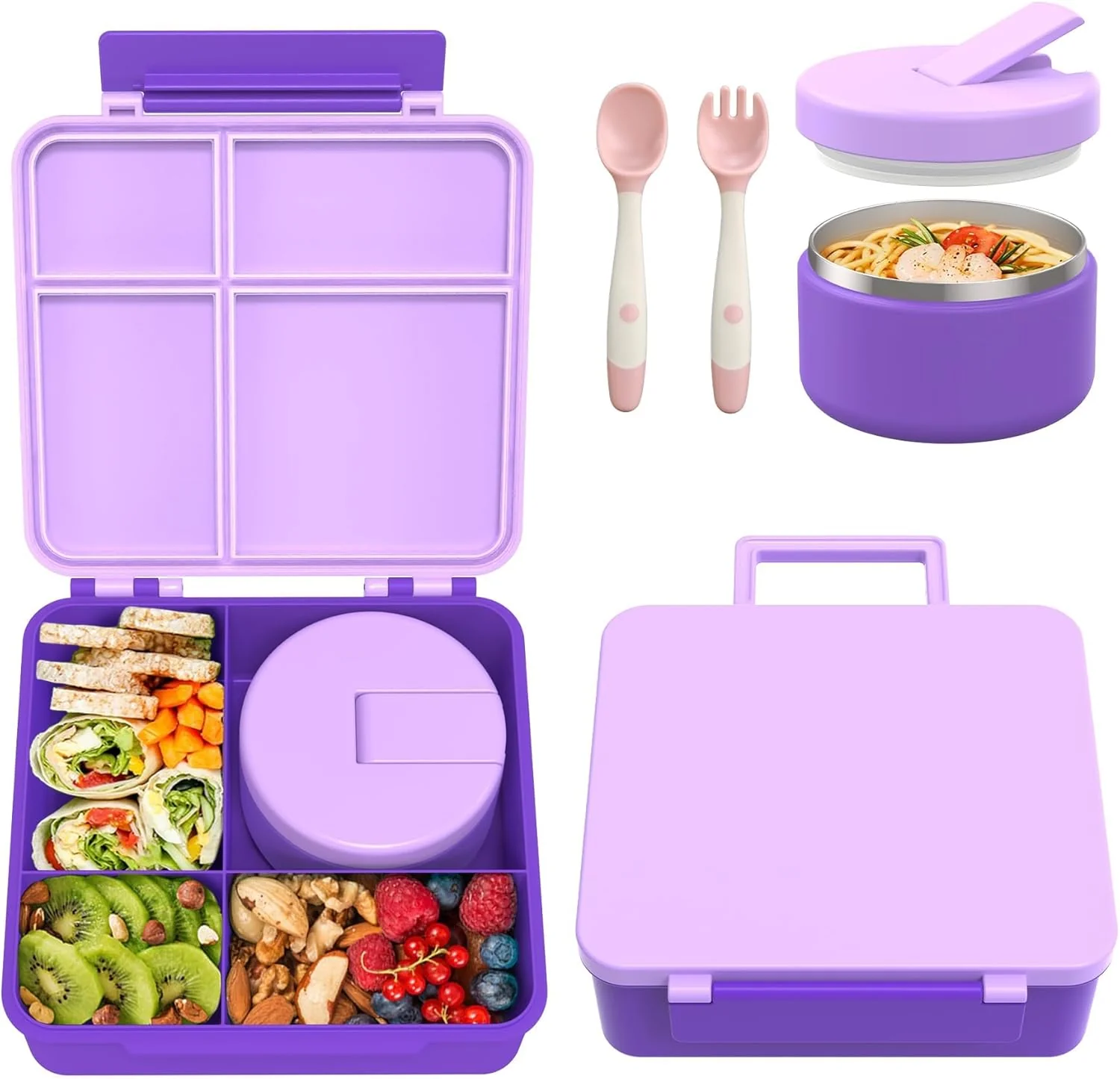 Fine Bento Lunch Box with 8oz Soup Thermo Kids Leakproof Lunch Food Containers with 4 Compartment Kids Thermo Insulated Hot Food Jar for School Relaxed