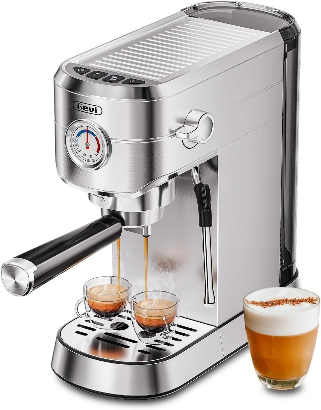 Green Gevi 20 Bar Compact Espresso Machine for Home Latte、Cappuccino Coffee Maker BPA- 34oz Water Tank Built-in Pressure Gauge with Compatible Accessories Can Make Americano Easy to Clean with Steam Wand Fine Crafted