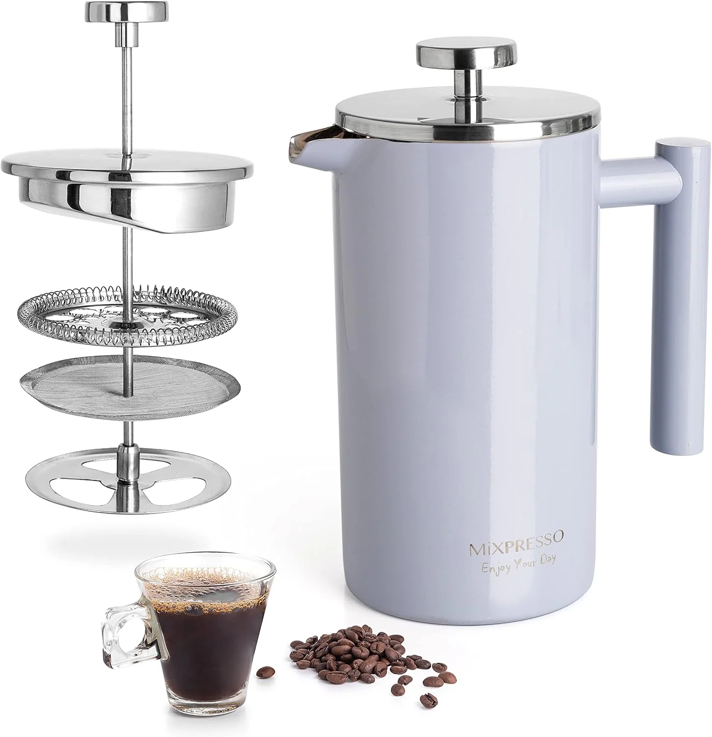 Proven Mixpresso French Press Coffee Maker 26 Oz Stainless Steel Coffee Press Double wall insulated stainless steel French Press with durable filter for coffee or loose leaf tea easy to press and clean Smooth