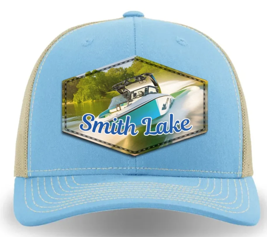 Practical Smith Lake Wake Boat Logo Dyed Leather Patch Trucker Hat Columbia Blue Khaki Clean