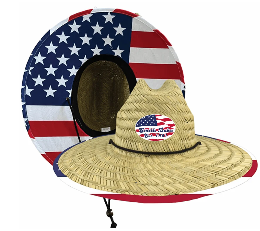 Reusable Smith Lake USA American Flag Straw Lifeguard Hat Detailed
