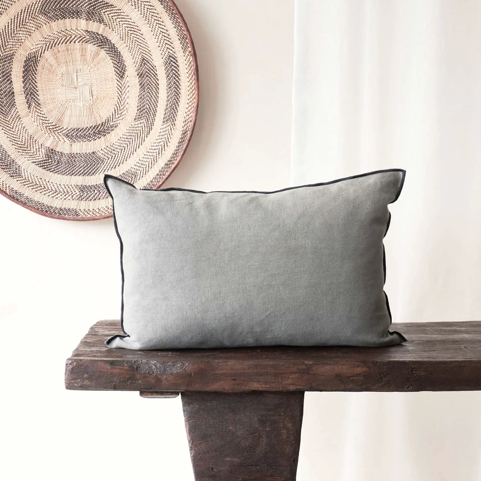 Green Black Line Cushion Stone Washed Linen - Elephant 60 x 40cm Comfortable