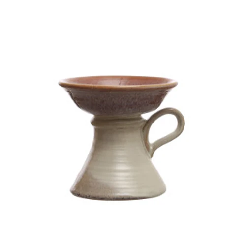 Innovative Stoneware Pillar Holder w Handle - Reactive Glaze User-Friendly