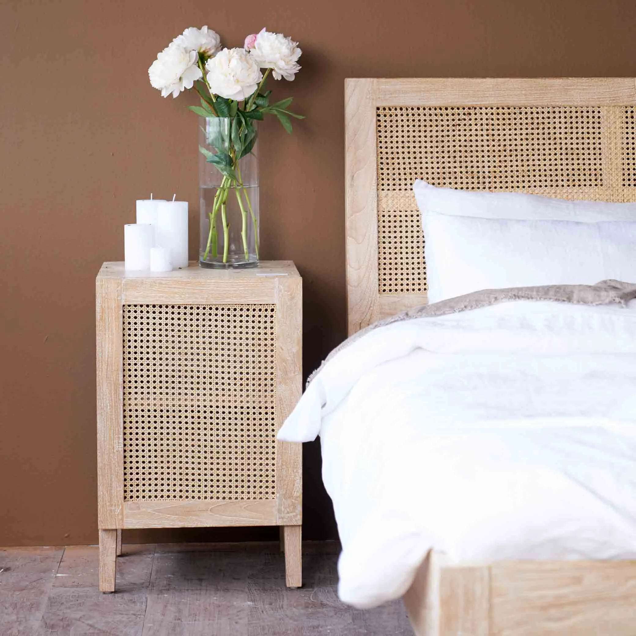 Premium Rattan Bedside Table Teak - Whitewash Selected