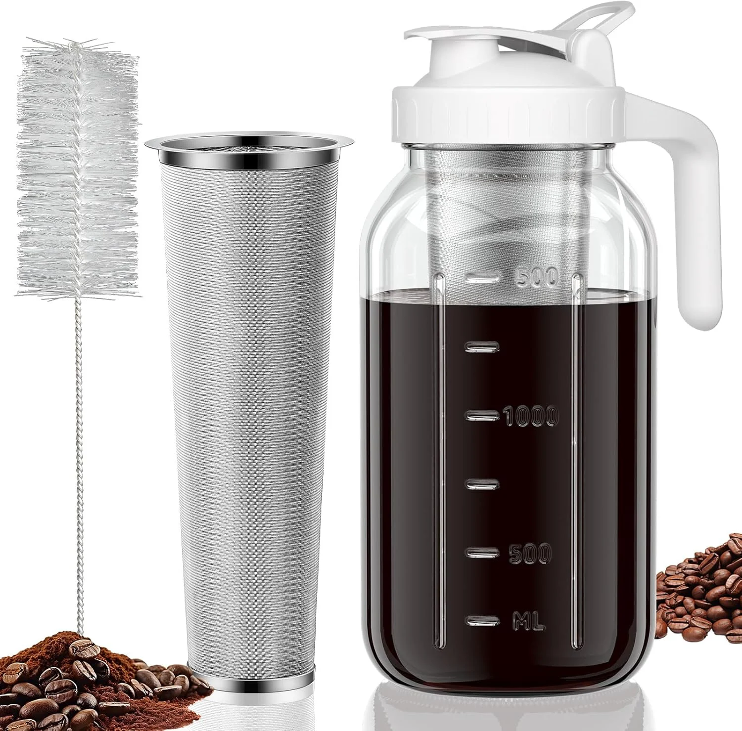Professional Cold Brew Coffee Maker Jar - 64oz Thick Glass Multipurpose Mason Pitcher Spout Lid with Handle Stainless Steel Filter for Iced Coffee Lemonade High-Quality