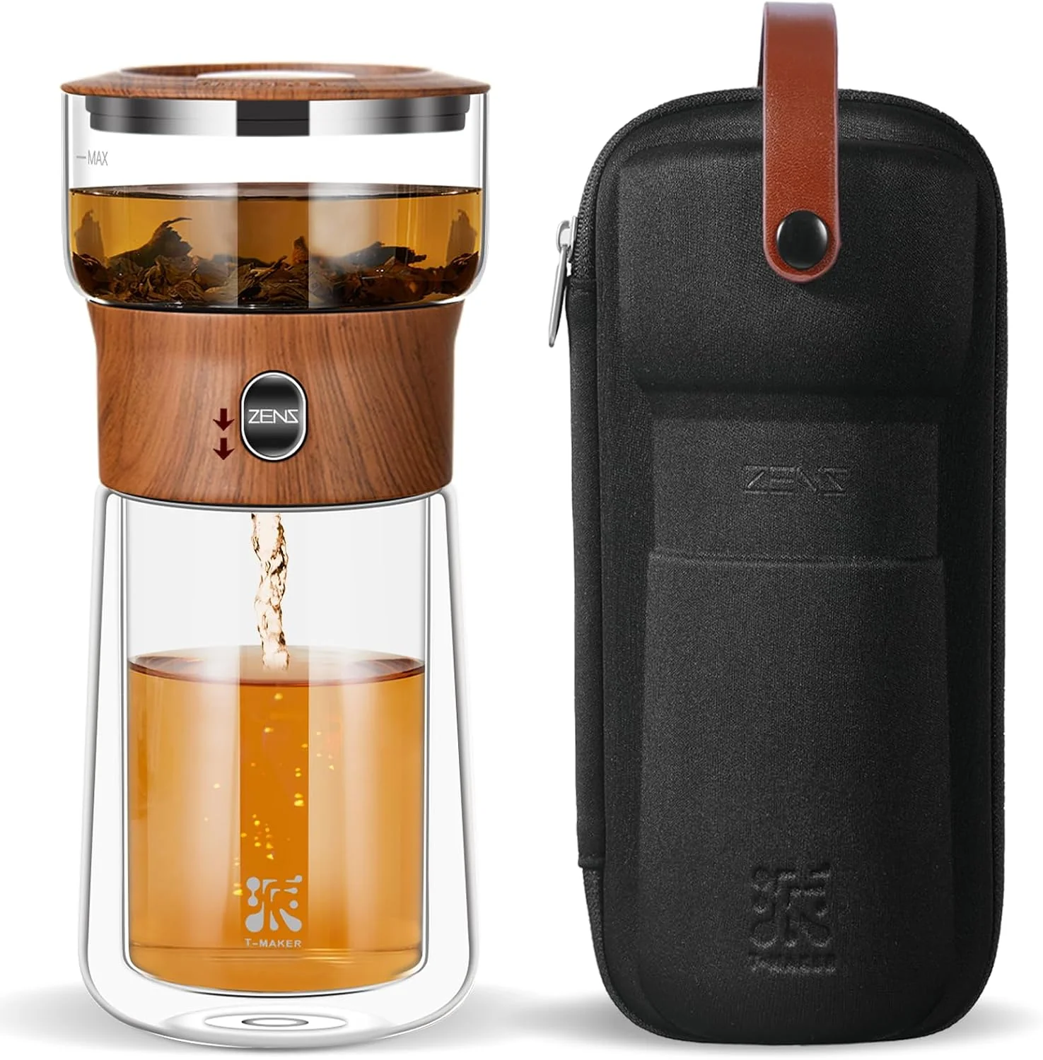 Outstanding ZENS Glass Infuser Teapot One Touch Tea Maker for Loose Leaf Tea Walnut Modern Tea Diffusers Tea Pot with 9oz Insulated Mug and Portable Bag for Tea Lovers Gifts Verified