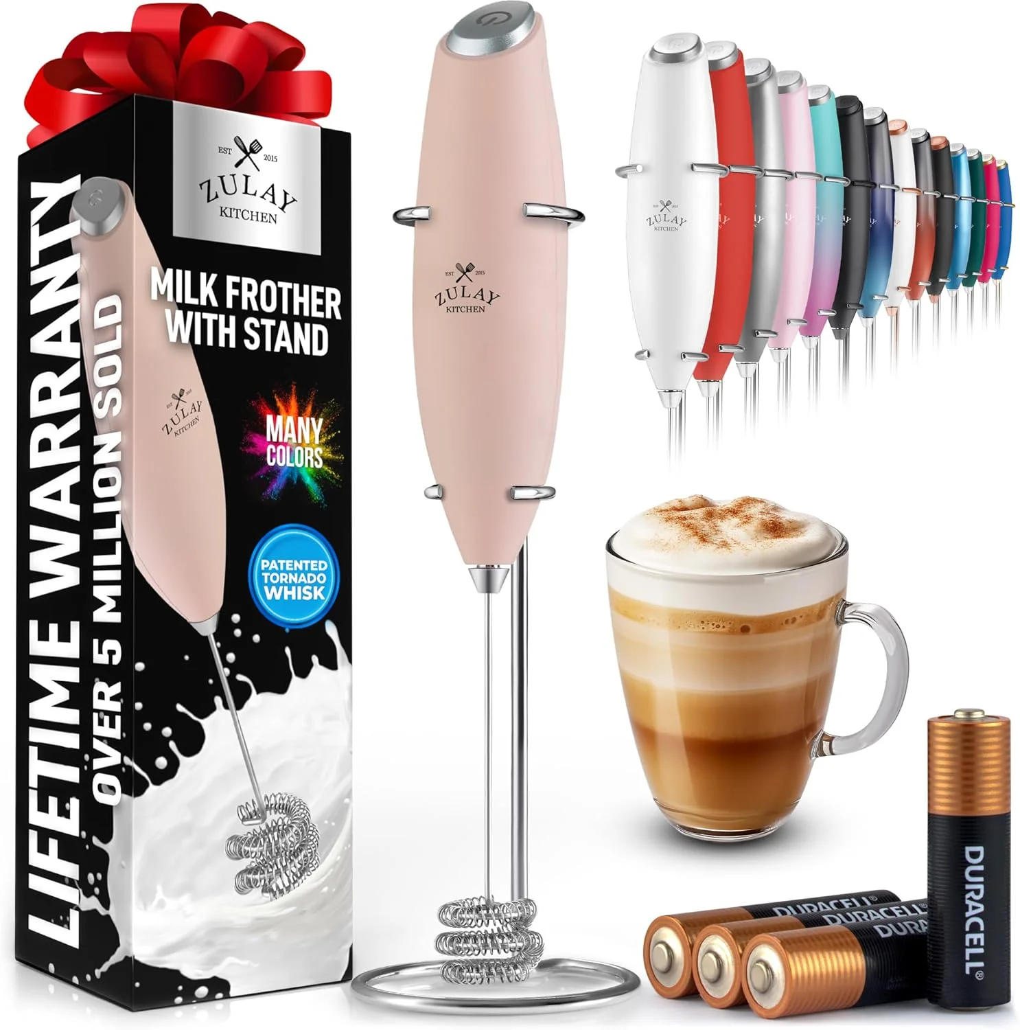 Outstanding Zulay Kitchen Tornado Whisk Milk Frother with 4 AA Duracell Batteries - Triple Whisk for More Power - Handheld Coffee Frother with Stand High-Grade