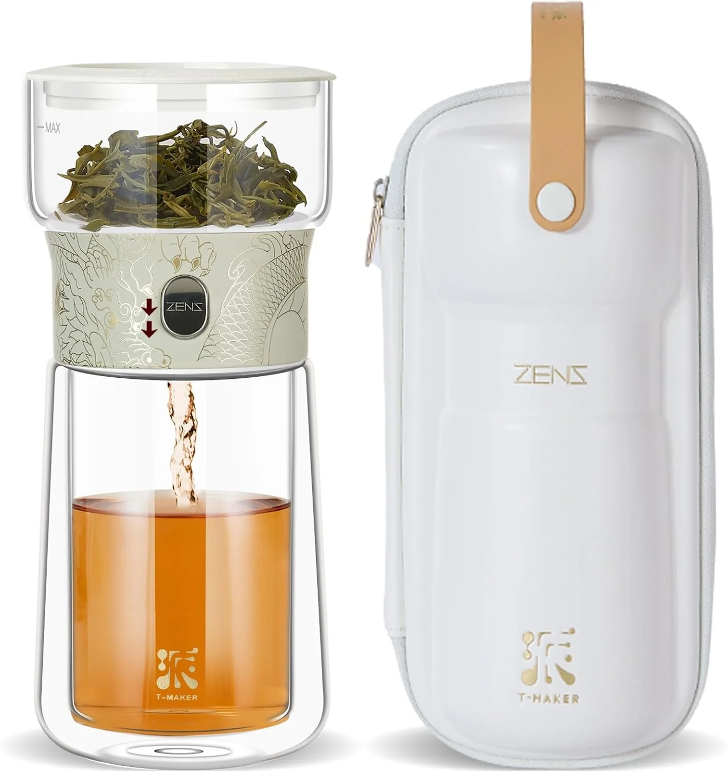 Premium Material ZENS Glass Tea Infuser Pot Modern One Touch Tea Maker for Tea Steeping Loose Tea Diffusers Tea Pot with 9oz Insulated Mug and Portable Bag for Tea Lovers Gifts Dragon Effective