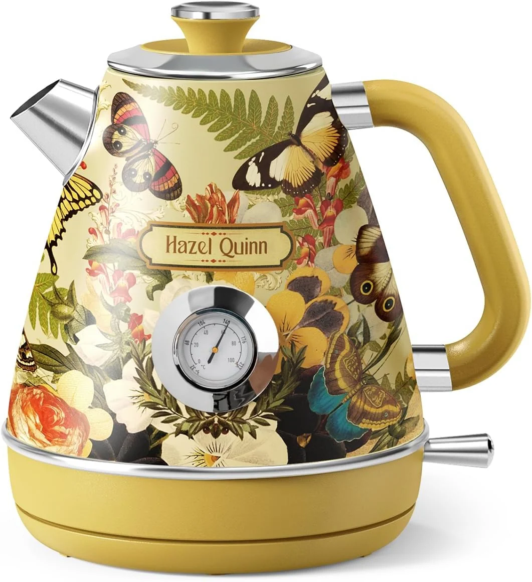 Optimized Hazel Quinn X Eduardo Recife Retro Electric Kettle with Thermometer Floral 1200W Fast Water Boiling 1.7L 57oz All 304 Stainless Steel Interior BPA- Auto Shut-Off Cordless Retro Teapot Home Dependable