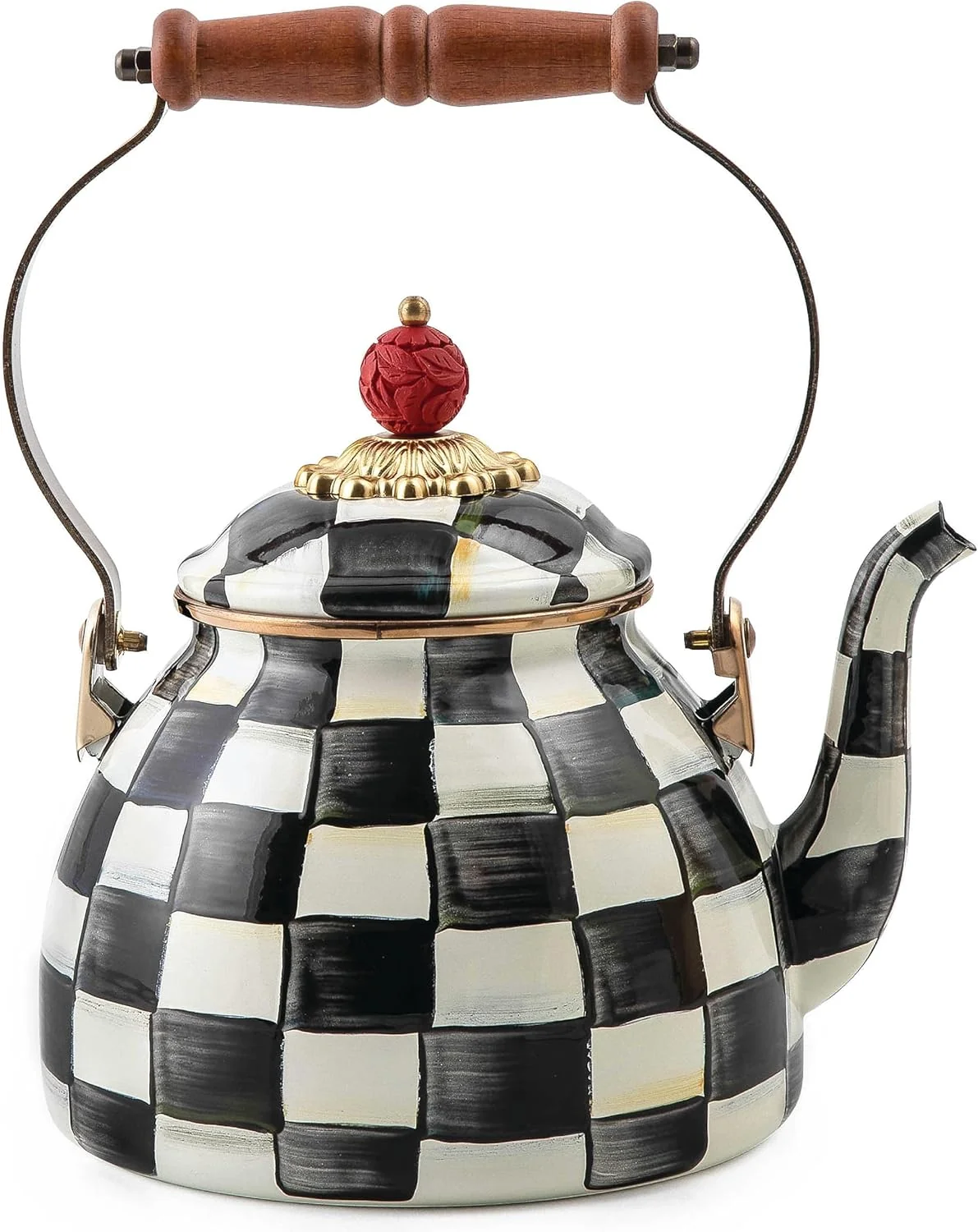 High-Quality MACKENZIE-CHILDS Enamel Tea Kettle Stylish Tea Kettle for Stovetop Black-and-White Courtly Check 2 Quarts Professional