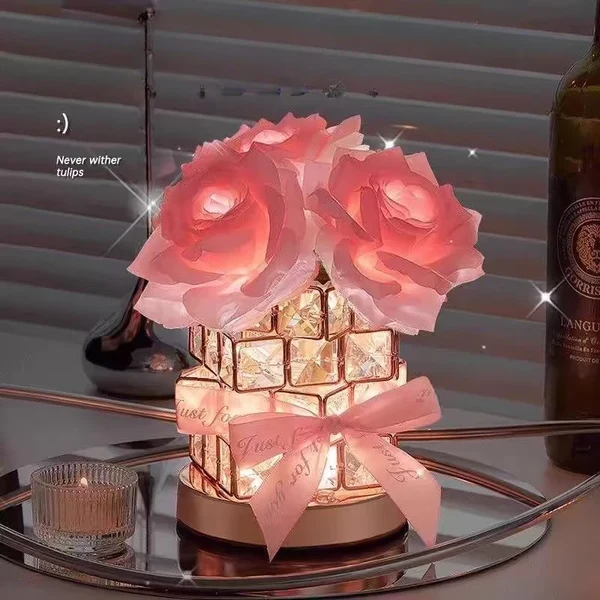 Pure Romantic Rose Crystal Cube Table Lamp Certified