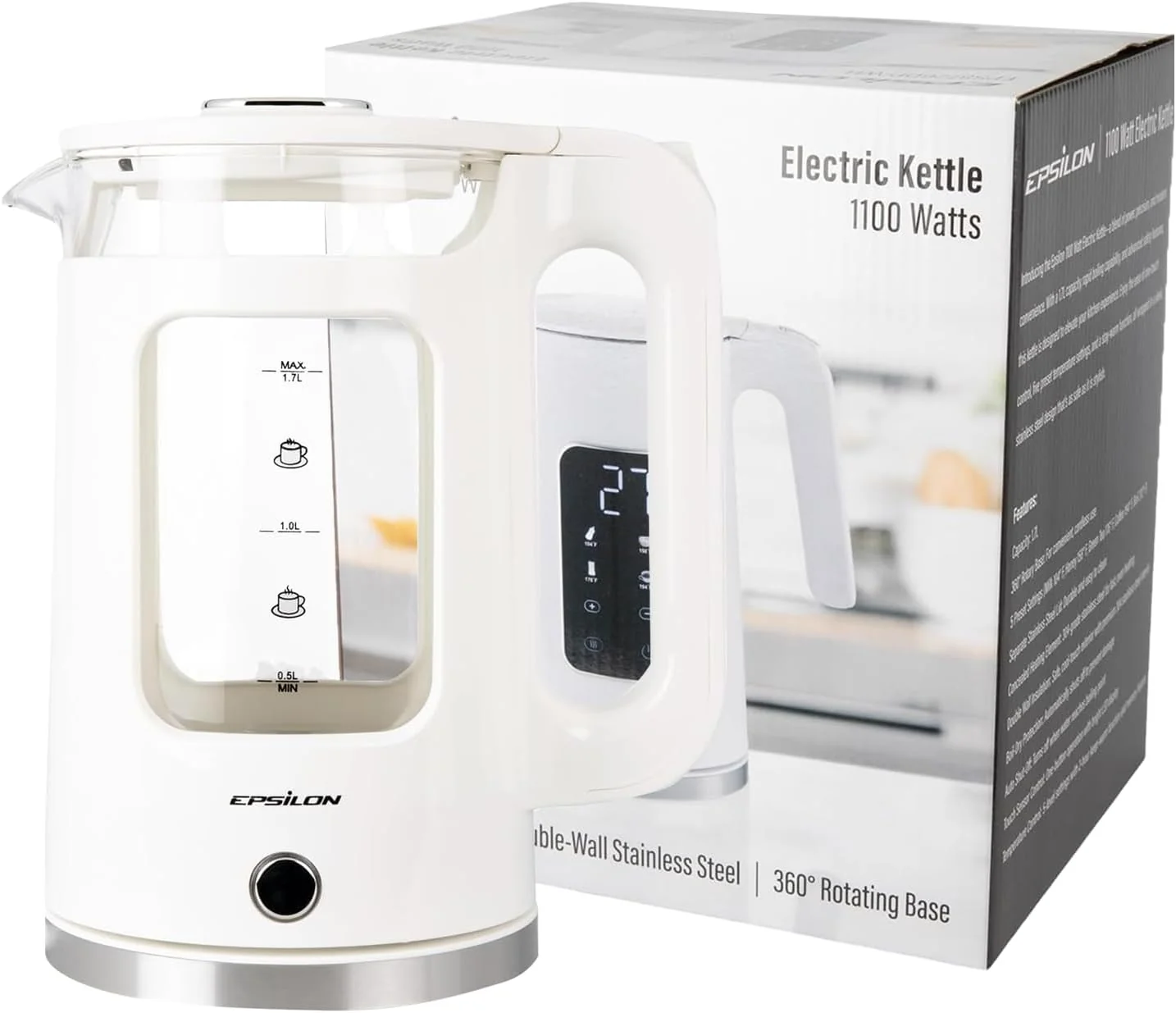 Flexible Epsilon 1.7L Glass Electric Kettle – Hot Water Tea Kettle with LED Light Stainless Steel Borosilicate Glass Auto Shut-Off Professional