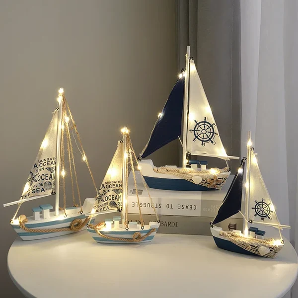 Contemporary Mediterranean Wooden Sailboat Decor with LED Lights Responsible