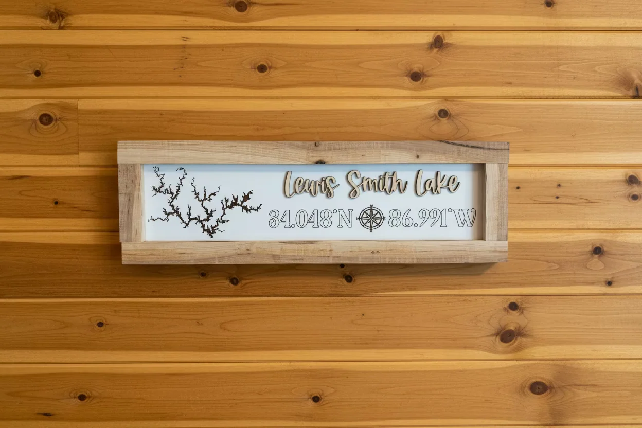 Verified Lewis Smith Lake sign 18x5.5 reclaimed wood frame coordinates Unique