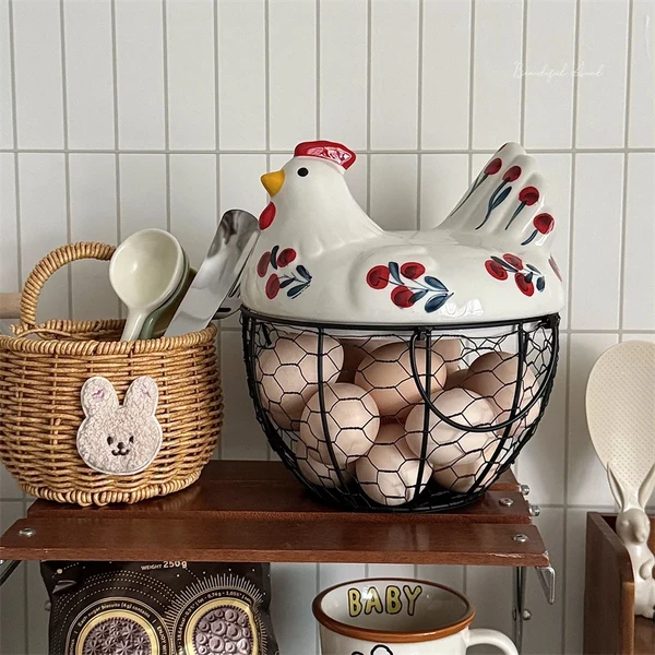 Powerful Chicken-Shaped Ceramic and Iron Egg Basket Genuine