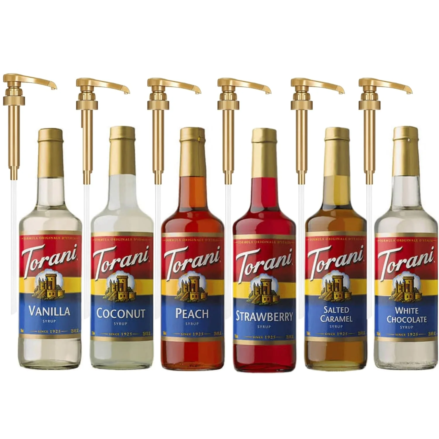 Responsible sellers Syrup Variety 6-Pack - Vanilla Peach Strawberry Coconut Salted Caramel White Chocolate - Coffee Italian Soda Flavor Syrup with 6 Jimoco Dispenser Pumps Reliable