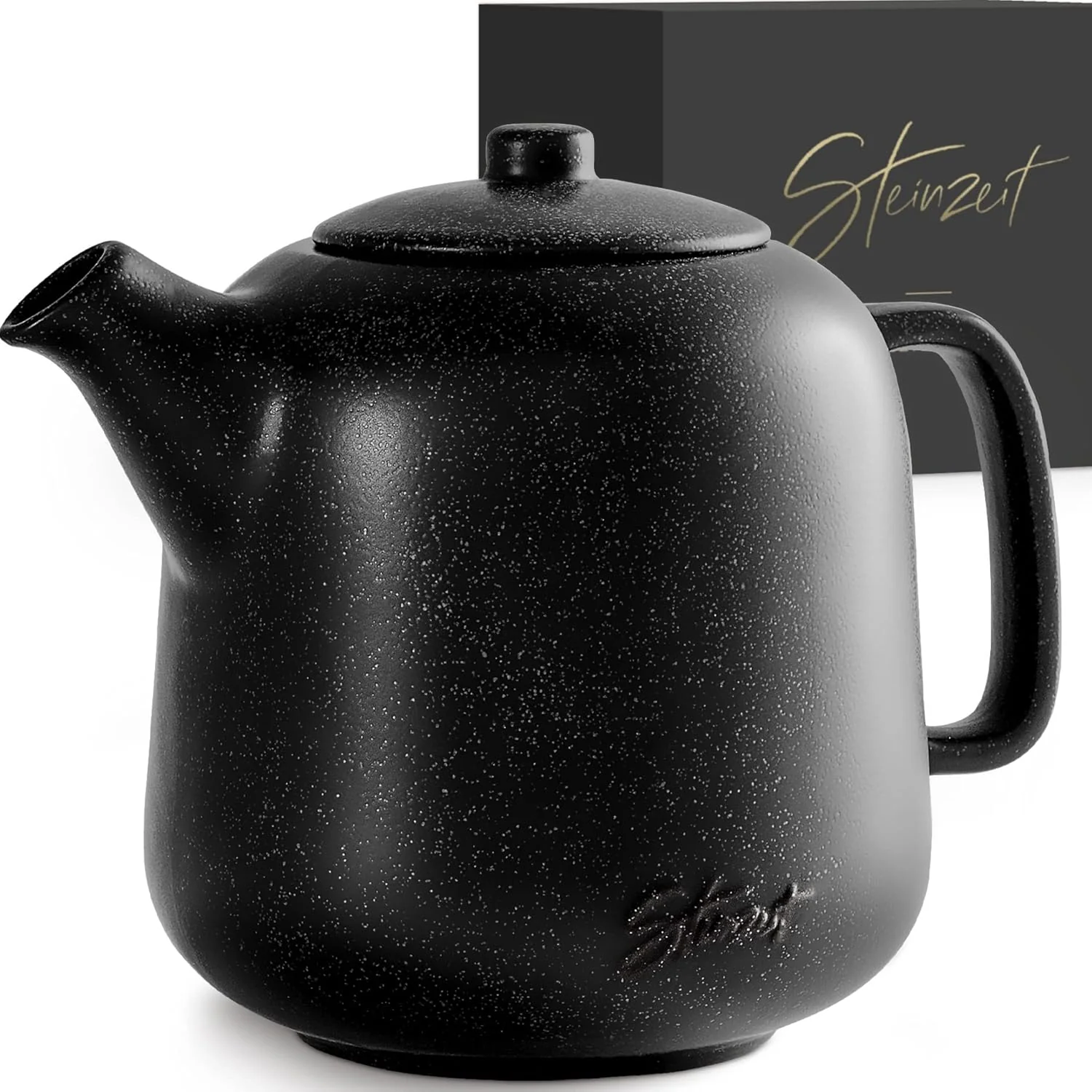 Optimized Steinzeit Design Tea Pot 44 oz - Premium Ceramic Teapot with Infuser for Loose Tea - Black Teapot Ceramic with Removable Strainer Reusable