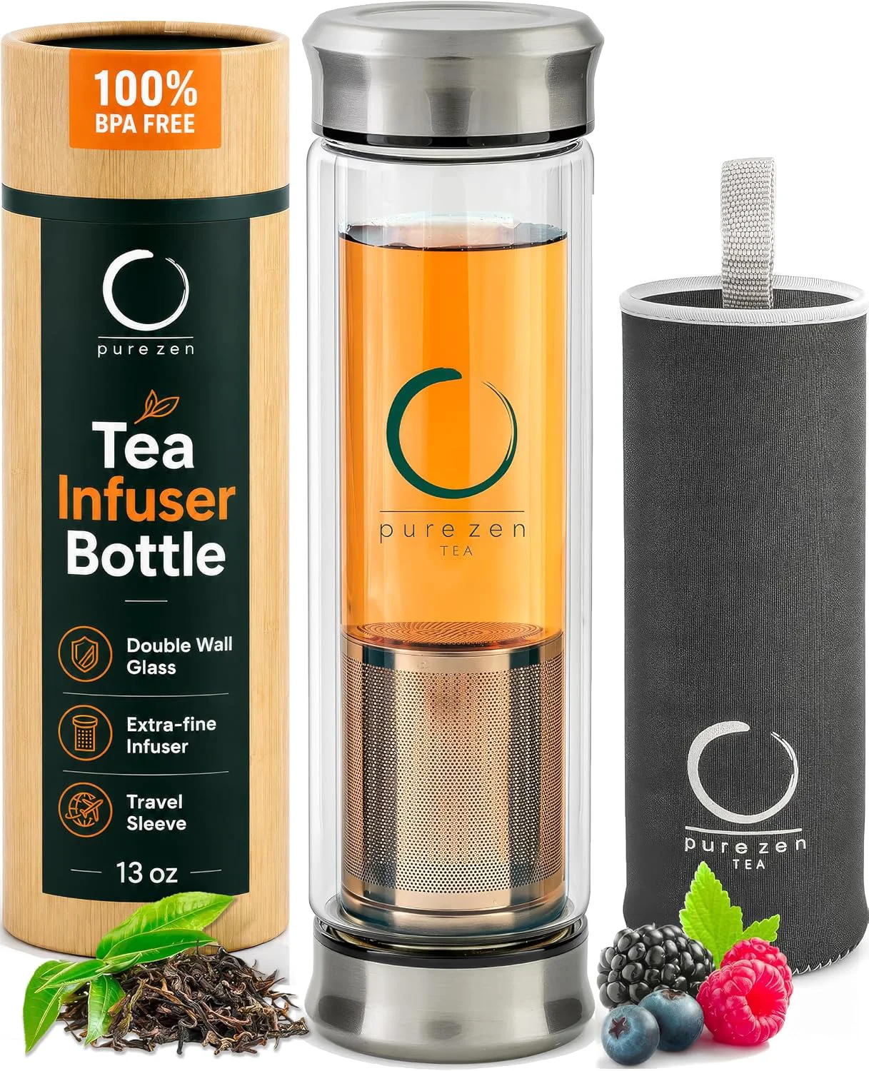 Genuine Pure Zen Tea Infuser Bottle - Double Wall Glass Travel Mug with Stainless Steel Filter - Leakproof Tea Tumbler with Infuser for Loose Leaf Infusions and Fruit Infused Water - Unique Gift Set - 13 oz Next-Generation