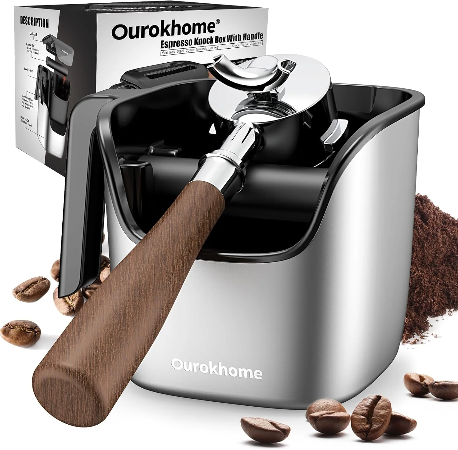 High-Quality Ourokhome Knock Box Espresso Accessories The Latest Patented Stainless Steel Espresso Machine Tool for Coffee Ground with Removable Knock Bar Lightweight