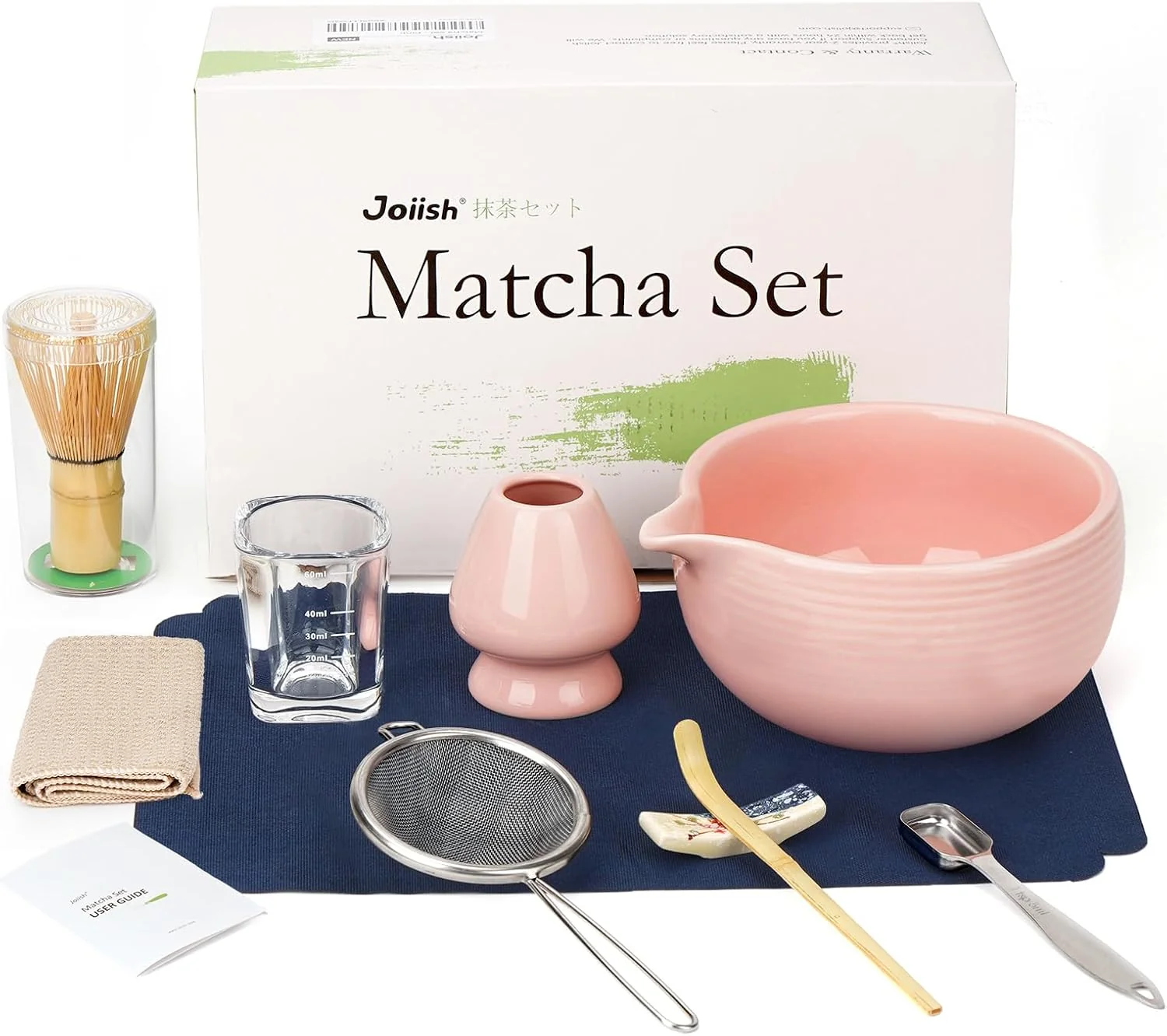 Top-Quality 10-Pcs Matcha Kit Set Whisk and Bowl with Spout Measuring Spoon Japanese Matcha Tea Making Tools Light Pink Organic