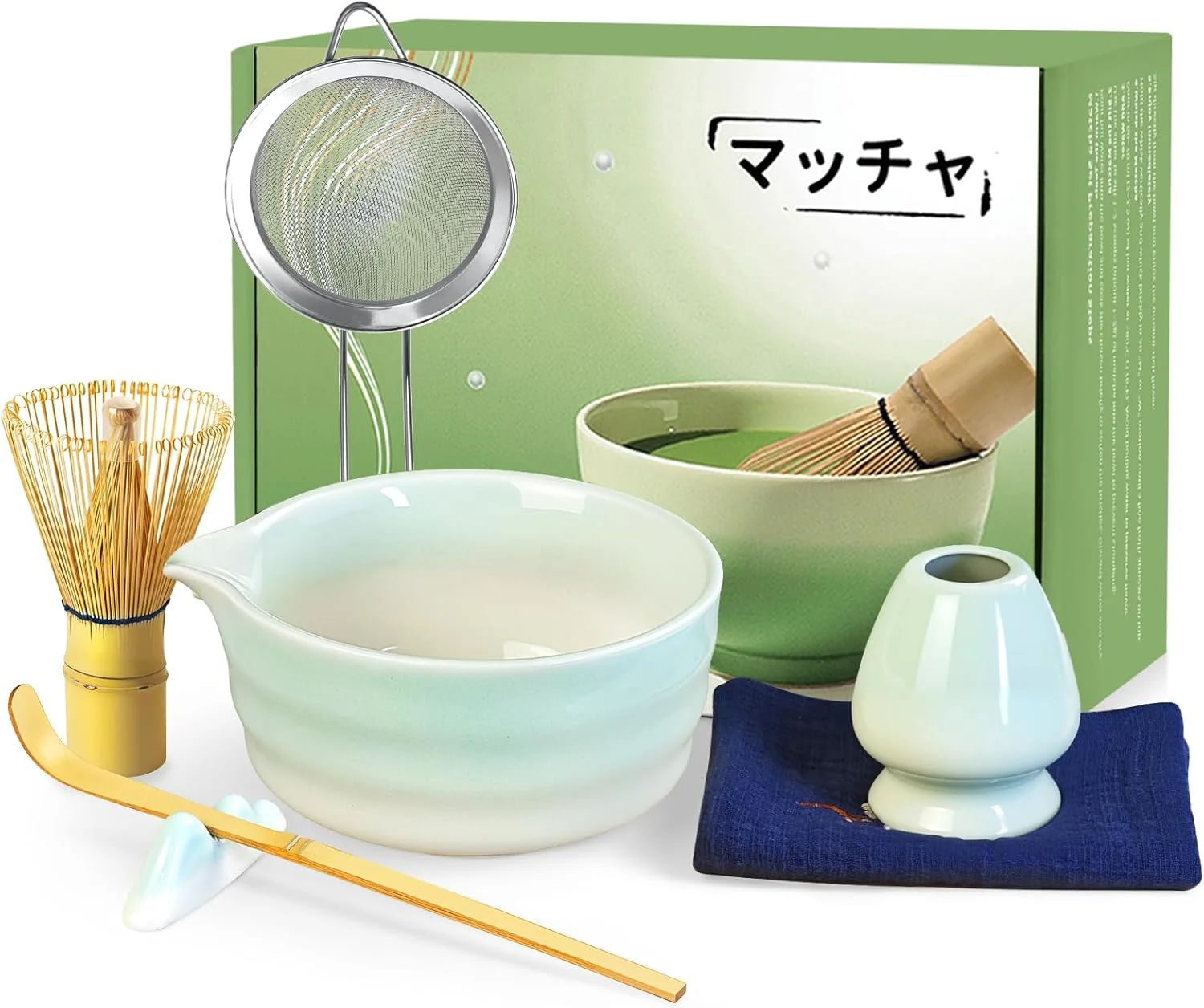 High-End Matcha Whisk Set 7 Pcs Ceramic Matcha Kit Matcha Bowl with Spout Matcha Whisk Holder Stainless Sifter Bamboo Scoop and Tea Towel Effective