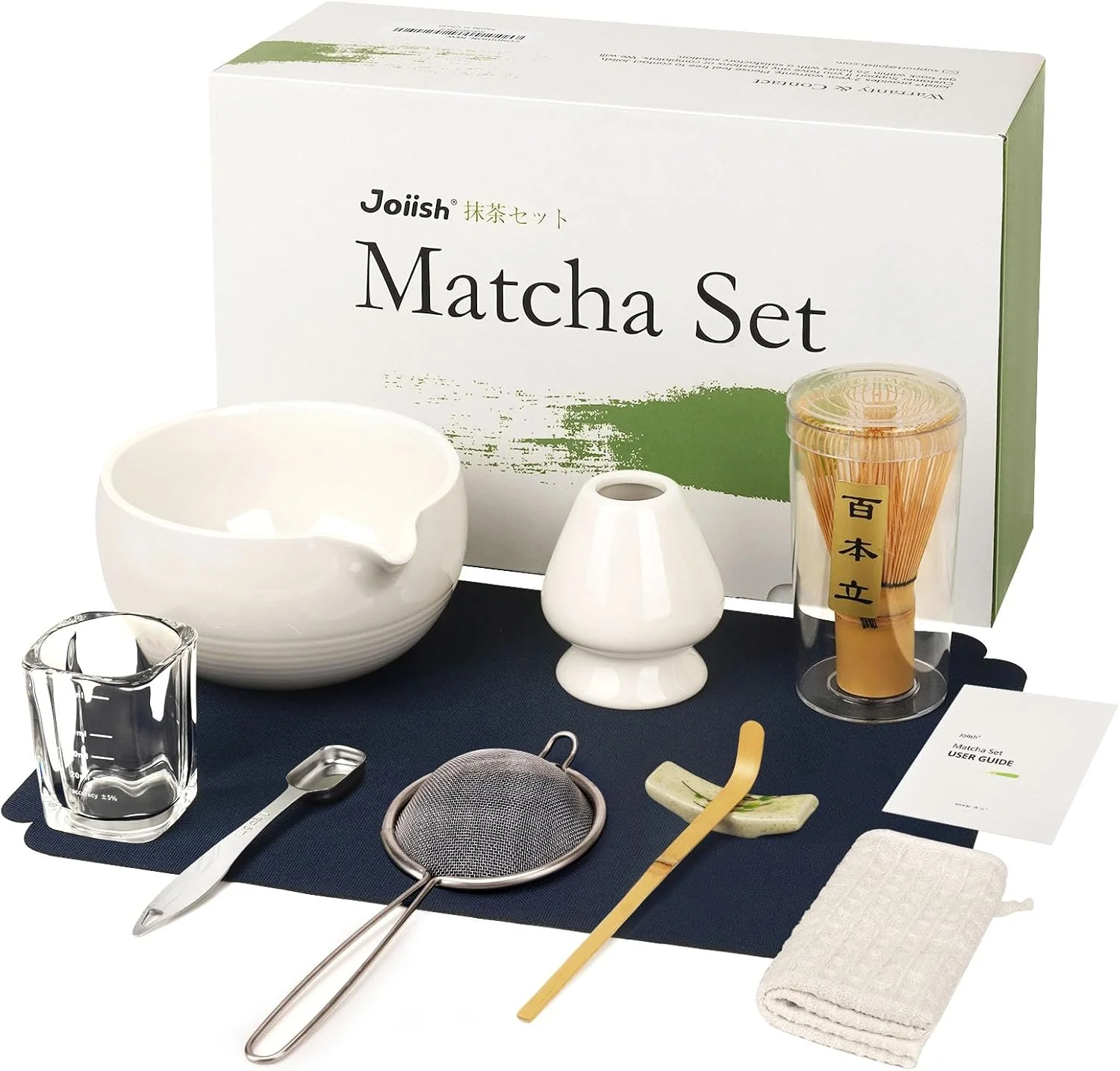 Genuine Matcha Tea Kit 10-Pcs Set Whisk and Bowl with Spout Measuring Spoon Japanese Tea Making Tools White Premium