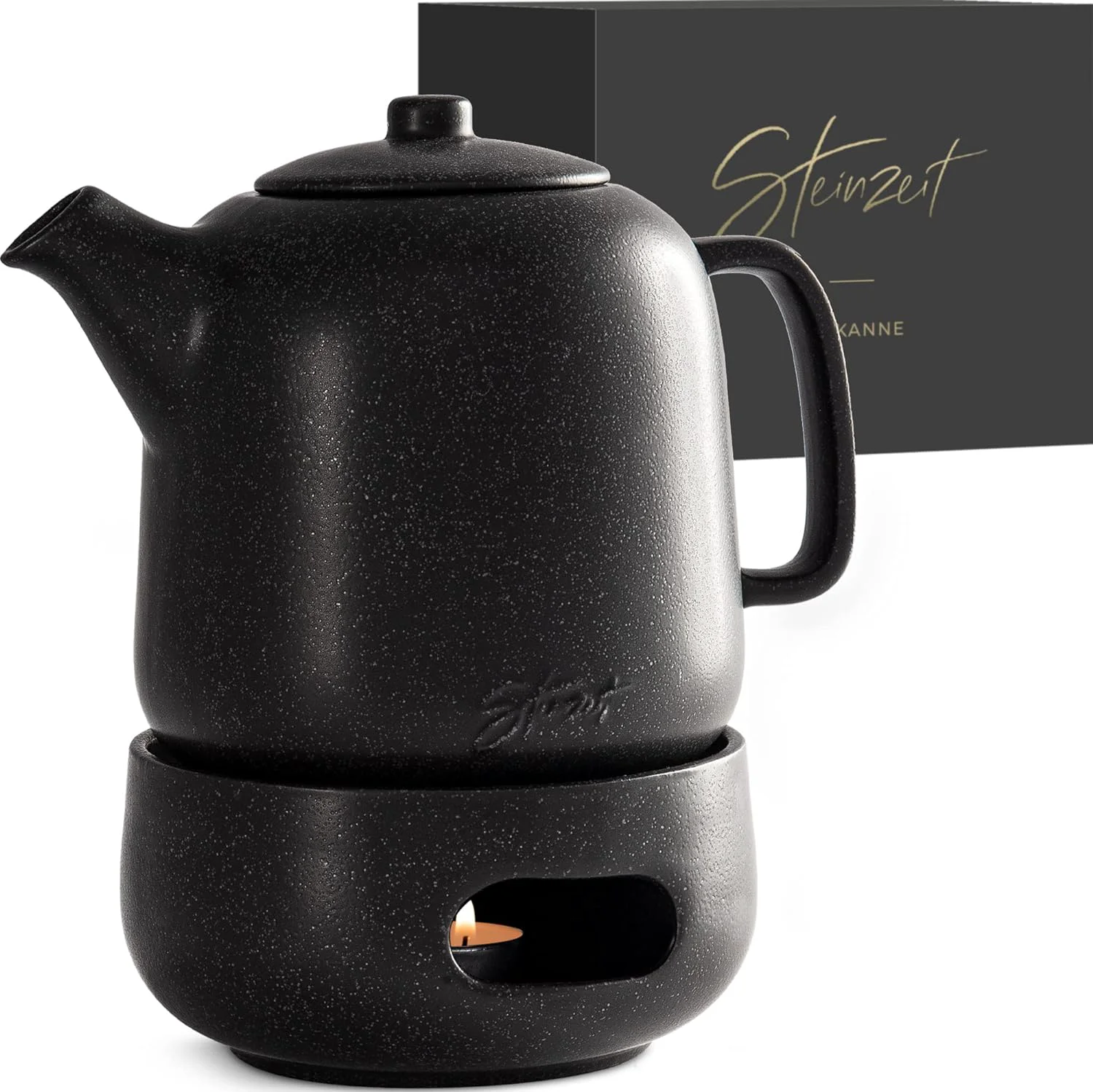 Modern Steinzeit Design Tea Pot with Warmer 44 oz - Premium Ceramic Teapot with Infuser for Loose Tea - Black Teapot Ceramic with Removable Steamer Traditional
